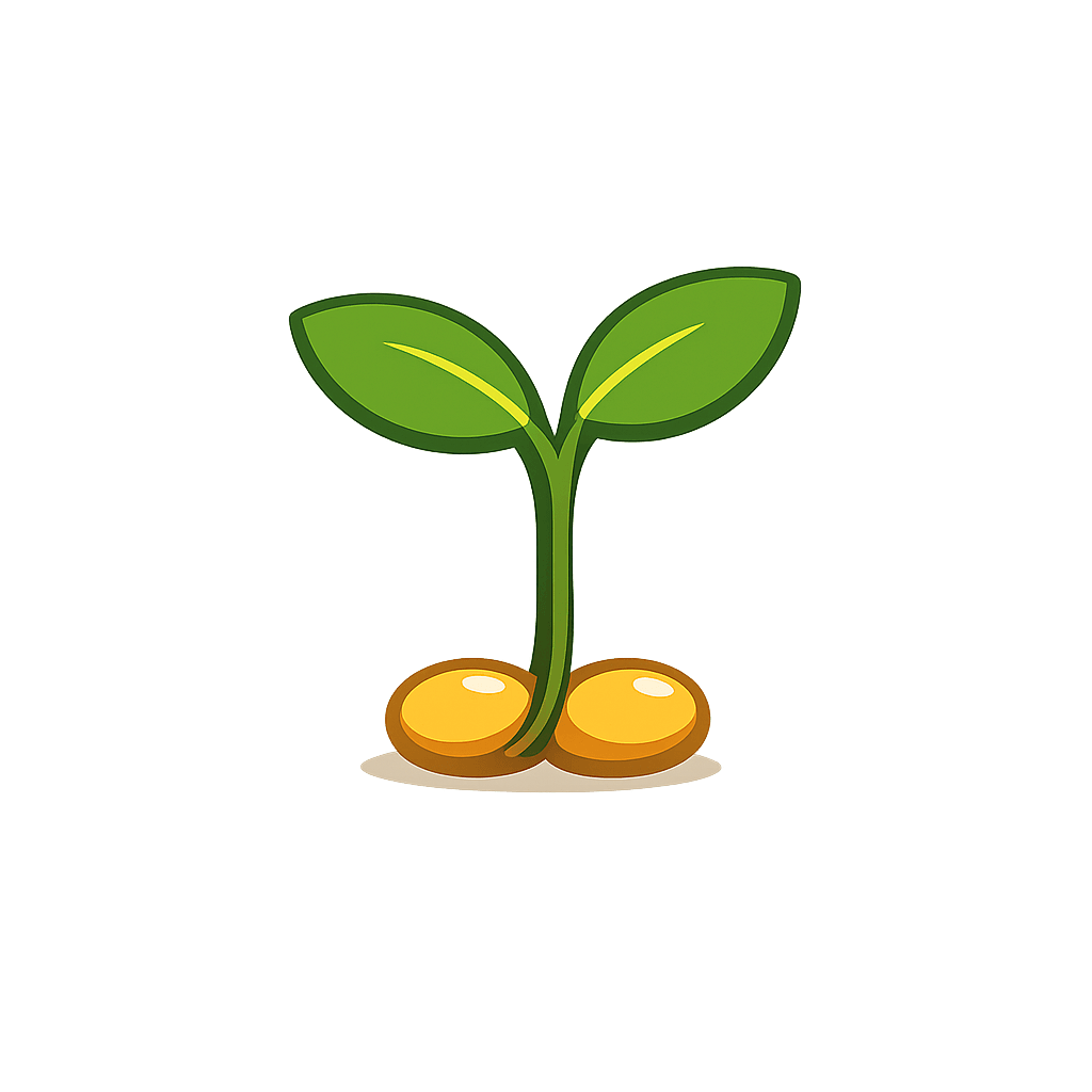 A young green seedling growing from two golden seeds