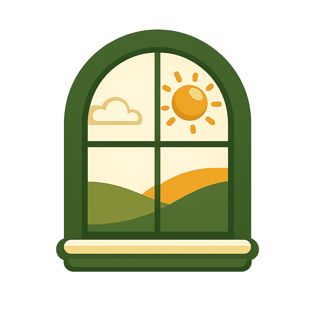 A sunny window looking out over green hills