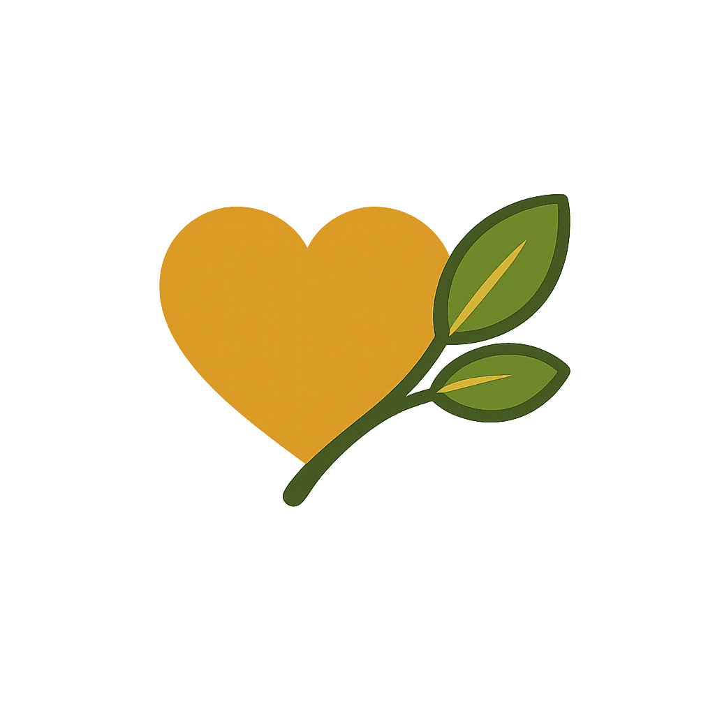 A golden heart with a green leafy sprig