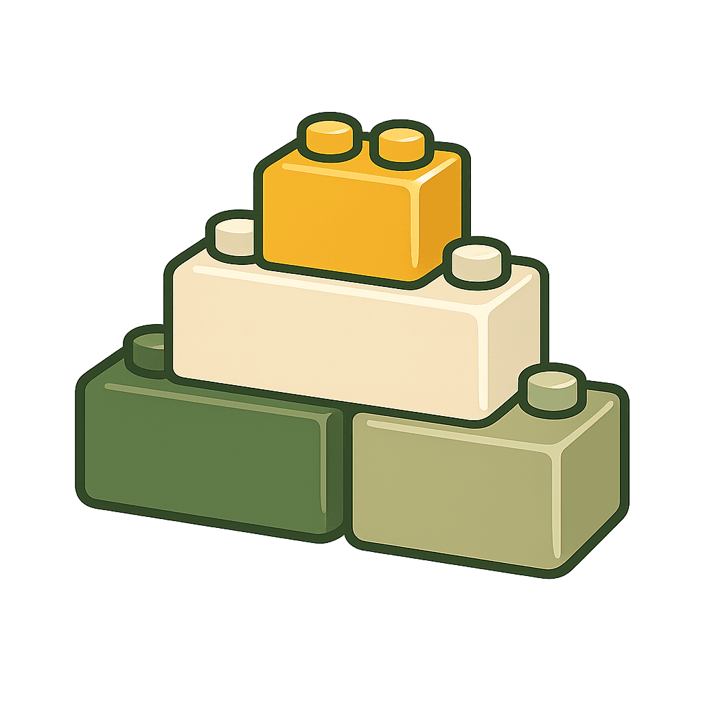 Stacked building blocks in green, cream, and gold